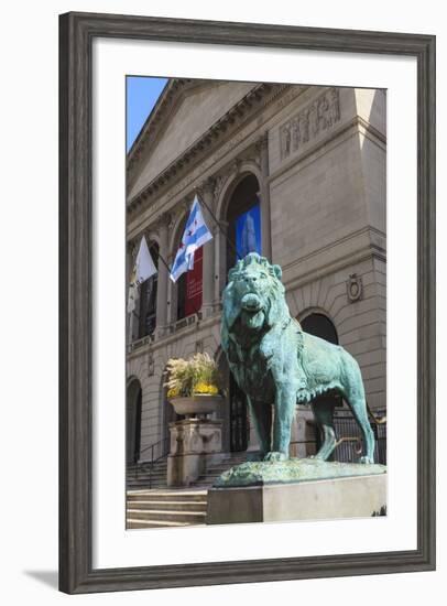 One of Two Bronze Lion Statues Outside the Art Institute of Chicago-Amanda Hall-Framed Photographic Print