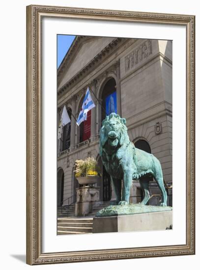 One of Two Bronze Lion Statues Outside the Art Institute of Chicago-Amanda Hall-Framed Photographic Print