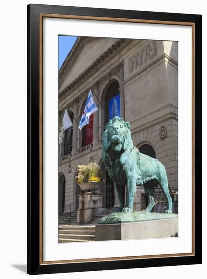 One of Two Bronze Lion Statues Outside the Art Institute of Chicago-Amanda Hall-Framed Photographic Print