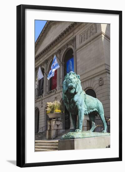 One of Two Bronze Lion Statues Outside the Art Institute of Chicago-Amanda Hall-Framed Photographic Print