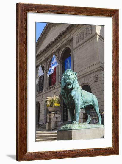 One of Two Bronze Lion Statues Outside the Art Institute of Chicago-Amanda Hall-Framed Photographic Print