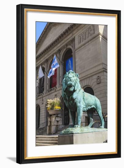 One of Two Bronze Lion Statues Outside the Art Institute of Chicago-Amanda Hall-Framed Photographic Print