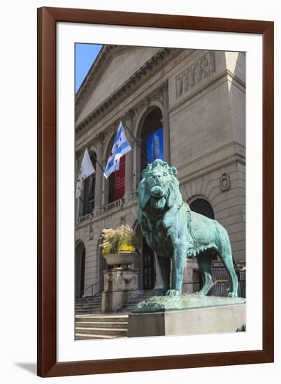 One of Two Bronze Lion Statues Outside the Art Institute of Chicago-Amanda Hall-Framed Photographic Print