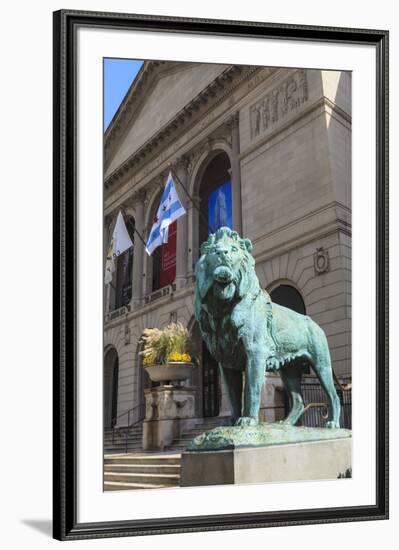 One of Two Bronze Lion Statues Outside the Art Institute of Chicago-Amanda Hall-Framed Photographic Print