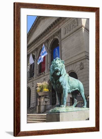 One of Two Bronze Lion Statues Outside the Art Institute of Chicago-Amanda Hall-Framed Photographic Print