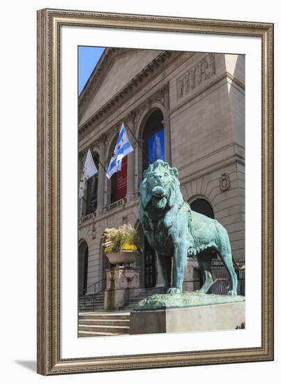 One of Two Bronze Lion Statues Outside the Art Institute of Chicago-Amanda Hall-Framed Photographic Print