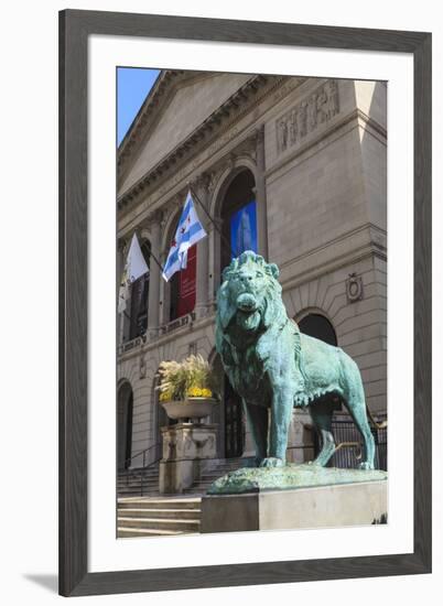 One of Two Bronze Lion Statues Outside the Art Institute of Chicago-Amanda Hall-Framed Photographic Print