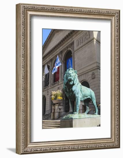 One of Two Bronze Lion Statues Outside the Art Institute of Chicago-Amanda Hall-Framed Photographic Print