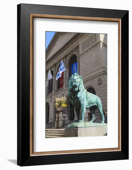 One of Two Bronze Lion Statues Outside the Art Institute of Chicago-Amanda Hall-Framed Photographic Print