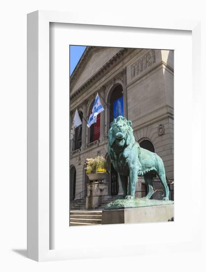 One of Two Bronze Lion Statues Outside the Art Institute of Chicago-Amanda Hall-Framed Photographic Print