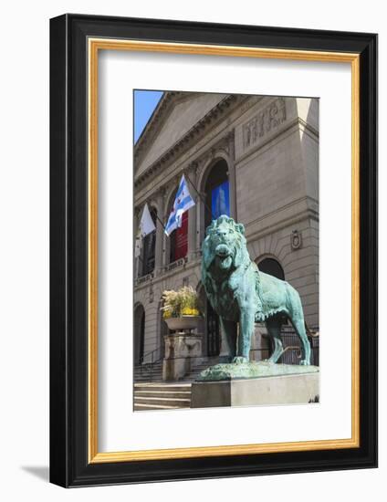 One of Two Bronze Lion Statues Outside the Art Institute of Chicago-Amanda Hall-Framed Photographic Print