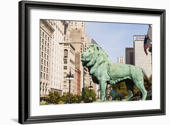 One of Two Iconic Bronze Lion Statues Outside the Art Institute of Chicago, Chicago, Illinois, USA-Amanda Hall-Framed Photographic Print