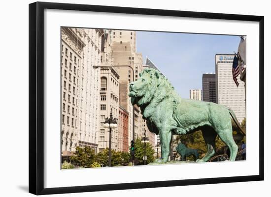 One of Two Iconic Bronze Lion Statues Outside the Art Institute of Chicago, Chicago, Illinois, USA-Amanda Hall-Framed Photographic Print