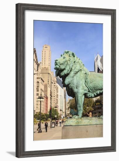 One of Two Iconic Bronze Lion Statues Outside the Art Institute of Chicago, Chicago, Illinois, USA-Amanda Hall-Framed Photographic Print