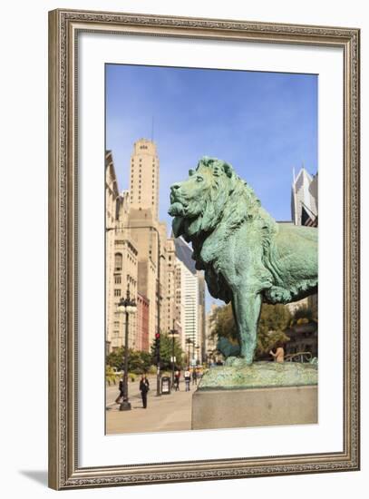 One of Two Iconic Bronze Lion Statues Outside the Art Institute of Chicago, Chicago, Illinois, USA-Amanda Hall-Framed Photographic Print