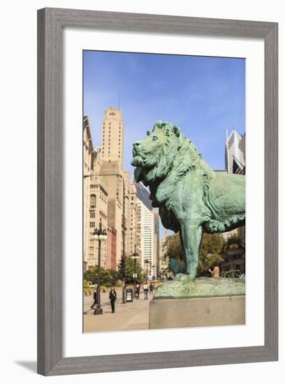 One of Two Iconic Bronze Lion Statues Outside the Art Institute of Chicago, Chicago, Illinois, USA-Amanda Hall-Framed Photographic Print