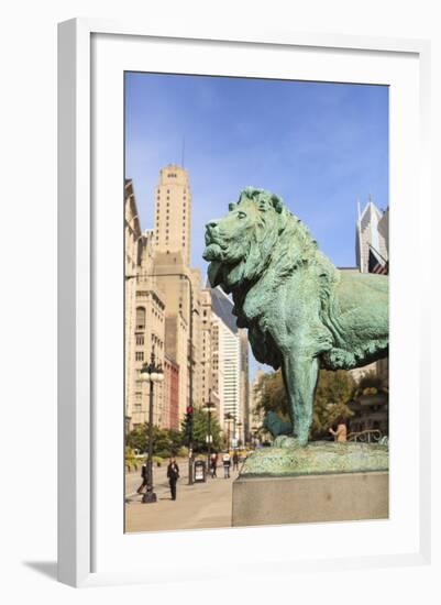 One of Two Iconic Bronze Lion Statues Outside the Art Institute of Chicago, Chicago, Illinois, USA-Amanda Hall-Framed Photographic Print