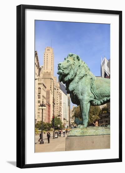 One of Two Iconic Bronze Lion Statues Outside the Art Institute of Chicago, Chicago, Illinois, USA-Amanda Hall-Framed Photographic Print