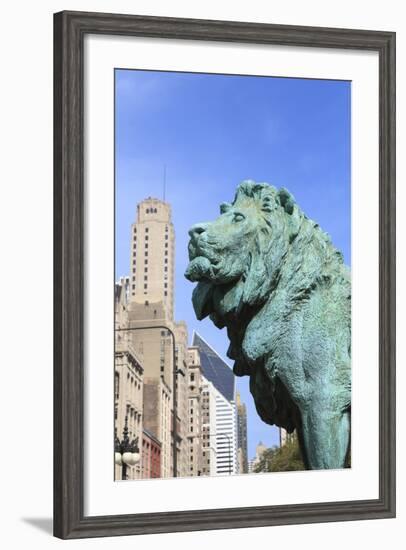 One of Two Iconic Bronze Lion Statues Outside the Art Institute of Chicago, Chicago, Illinois, USA-Amanda Hall-Framed Photographic Print