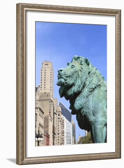 One of Two Iconic Bronze Lion Statues Outside the Art Institute of Chicago, Chicago, Illinois, USA-Amanda Hall-Framed Photographic Print