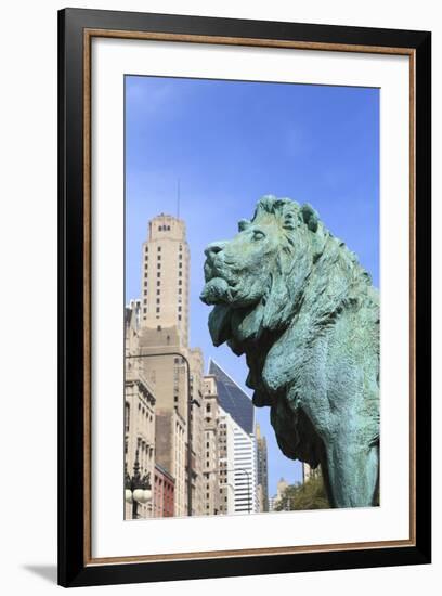 One of Two Iconic Bronze Lion Statues Outside the Art Institute of Chicago, Chicago, Illinois, USA-Amanda Hall-Framed Photographic Print