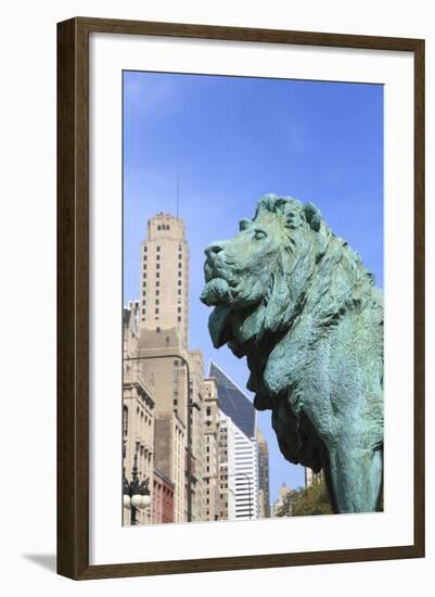 One of Two Iconic Bronze Lion Statues Outside the Art Institute of Chicago, Chicago, Illinois, USA-Amanda Hall-Framed Photographic Print