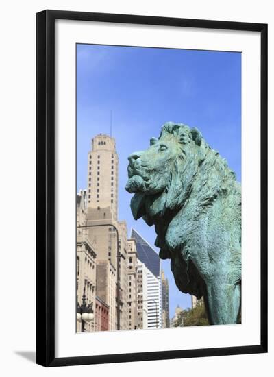 One of Two Iconic Bronze Lion Statues Outside the Art Institute of Chicago, Chicago, Illinois, USA-Amanda Hall-Framed Photographic Print