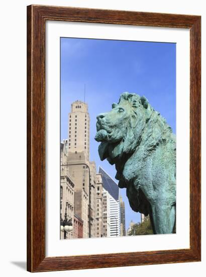 One of Two Iconic Bronze Lion Statues Outside the Art Institute of Chicago, Chicago, Illinois, USA-Amanda Hall-Framed Photographic Print