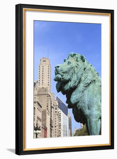 One of Two Iconic Bronze Lion Statues Outside the Art Institute of Chicago, Chicago, Illinois, USA-Amanda Hall-Framed Photographic Print