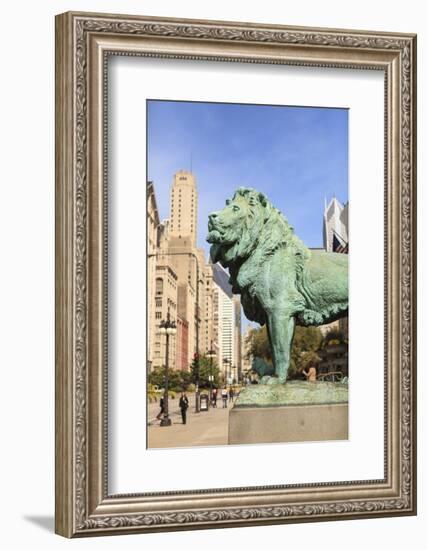 One of Two Iconic Bronze Lion Statues Outside the Art Institute of Chicago, Chicago, Illinois, USA-Amanda Hall-Framed Photographic Print