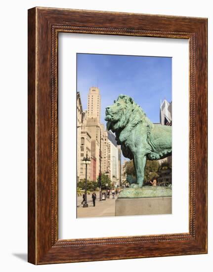 One of Two Iconic Bronze Lion Statues Outside the Art Institute of Chicago, Chicago, Illinois, USA-Amanda Hall-Framed Photographic Print