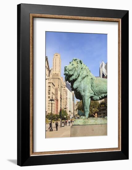 One of Two Iconic Bronze Lion Statues Outside the Art Institute of Chicago, Chicago, Illinois, USA-Amanda Hall-Framed Photographic Print