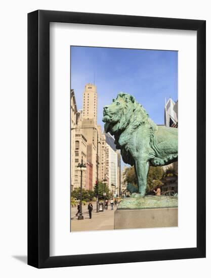 One of Two Iconic Bronze Lion Statues Outside the Art Institute of Chicago, Chicago, Illinois, USA-Amanda Hall-Framed Photographic Print