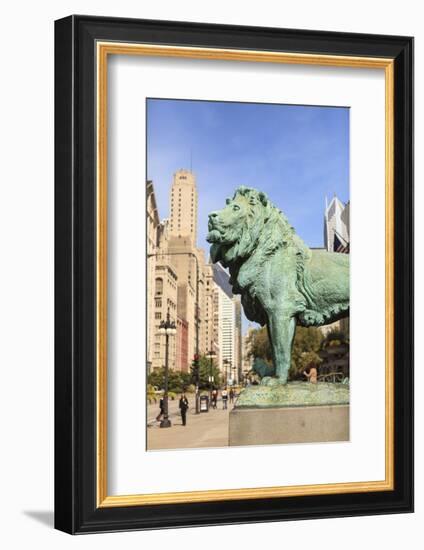 One of Two Iconic Bronze Lion Statues Outside the Art Institute of Chicago, Chicago, Illinois, USA-Amanda Hall-Framed Photographic Print