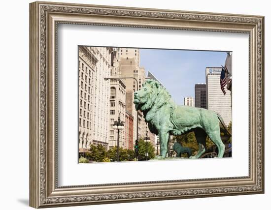 One of Two Iconic Bronze Lion Statues Outside the Art Institute of Chicago, Chicago, Illinois, USA-Amanda Hall-Framed Photographic Print