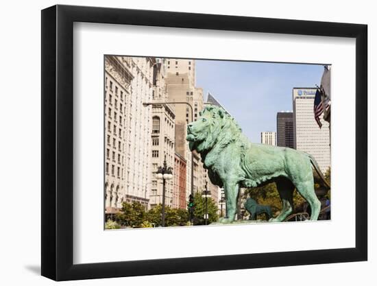 One of Two Iconic Bronze Lion Statues Outside the Art Institute of Chicago, Chicago, Illinois, USA-Amanda Hall-Framed Photographic Print