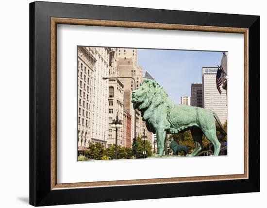 One of Two Iconic Bronze Lion Statues Outside the Art Institute of Chicago, Chicago, Illinois, USA-Amanda Hall-Framed Photographic Print