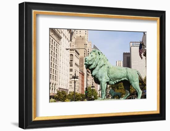 One of Two Iconic Bronze Lion Statues Outside the Art Institute of Chicago, Chicago, Illinois, USA-Amanda Hall-Framed Photographic Print