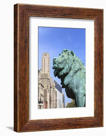 One of Two Iconic Bronze Lion Statues Outside the Art Institute of Chicago, Chicago, Illinois, USA-Amanda Hall-Framed Photographic Print