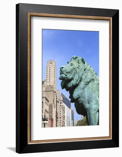 One of Two Iconic Bronze Lion Statues Outside the Art Institute of Chicago, Chicago, Illinois, USA-Amanda Hall-Framed Photographic Print