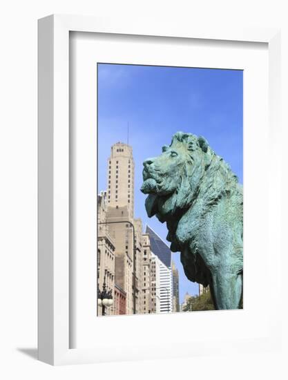 One of Two Iconic Bronze Lion Statues Outside the Art Institute of Chicago, Chicago, Illinois, USA-Amanda Hall-Framed Photographic Print