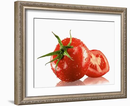 One Whole and One Halved Tomato with Drops of Water-Michael Löffler-Framed Photographic Print