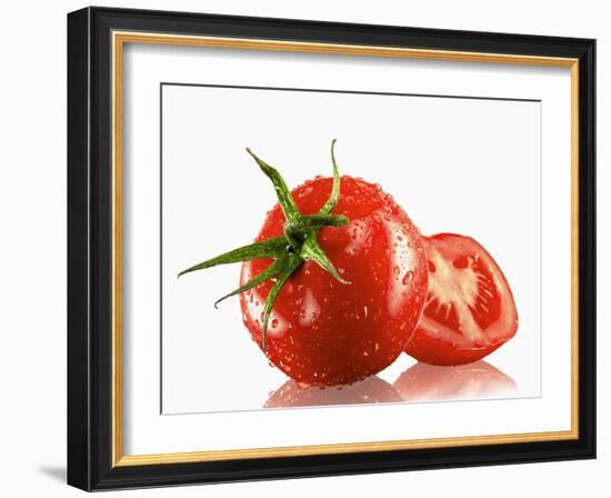 One Whole and One Halved Tomato with Drops of Water-Michael Löffler-Framed Photographic Print