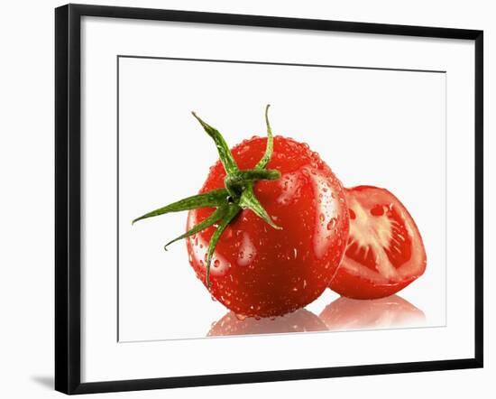 One Whole and One Halved Tomato with Drops of Water-Michael Löffler-Framed Photographic Print