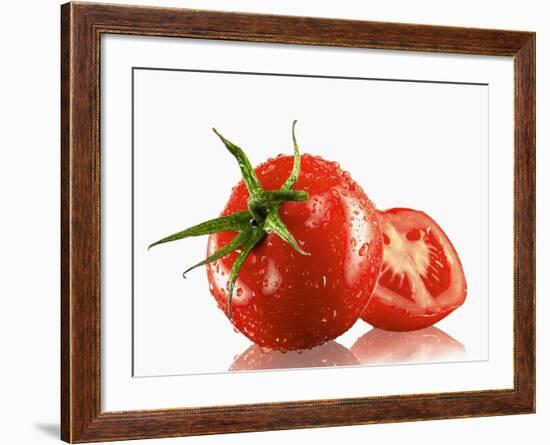 One Whole and One Halved Tomato with Drops of Water-Michael Löffler-Framed Photographic Print