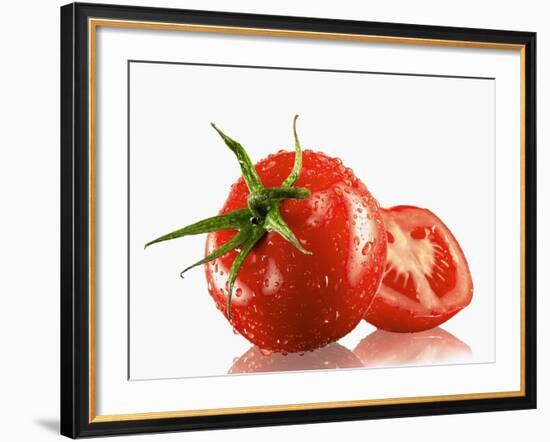 One Whole and One Halved Tomato with Drops of Water-Michael Löffler-Framed Photographic Print