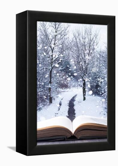 Open Book with Winter Woodland Background and falling Snow-Chris_Elwell-Framed Premier Image Canvas