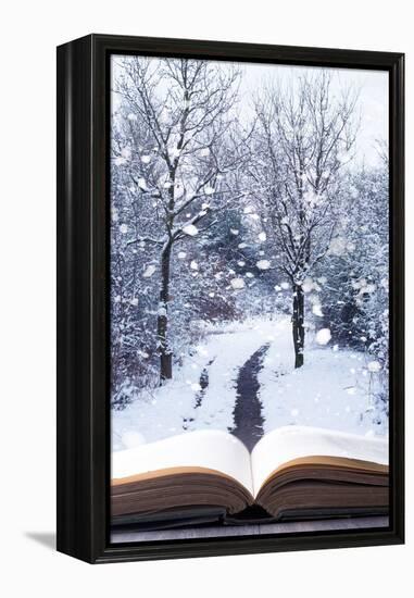 Open Book with Winter Woodland Background and falling Snow-Chris_Elwell-Framed Premier Image Canvas