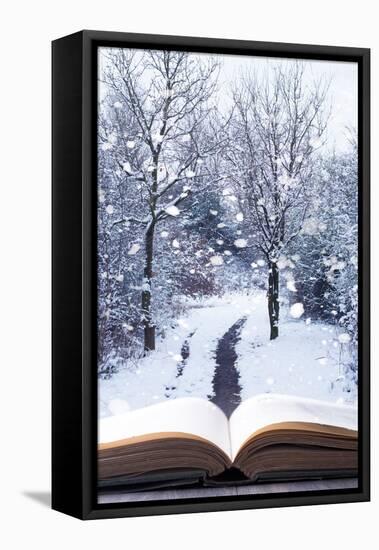 Open Book with Winter Woodland Background and falling Snow-Chris_Elwell-Framed Premier Image Canvas