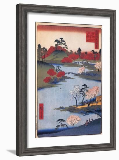 Open Garden at the Hachiman Shrine in Fukagawa. (One Hundred Famous Views of Ed), C. 1858-Utagawa Hiroshige-Framed Giclee Print